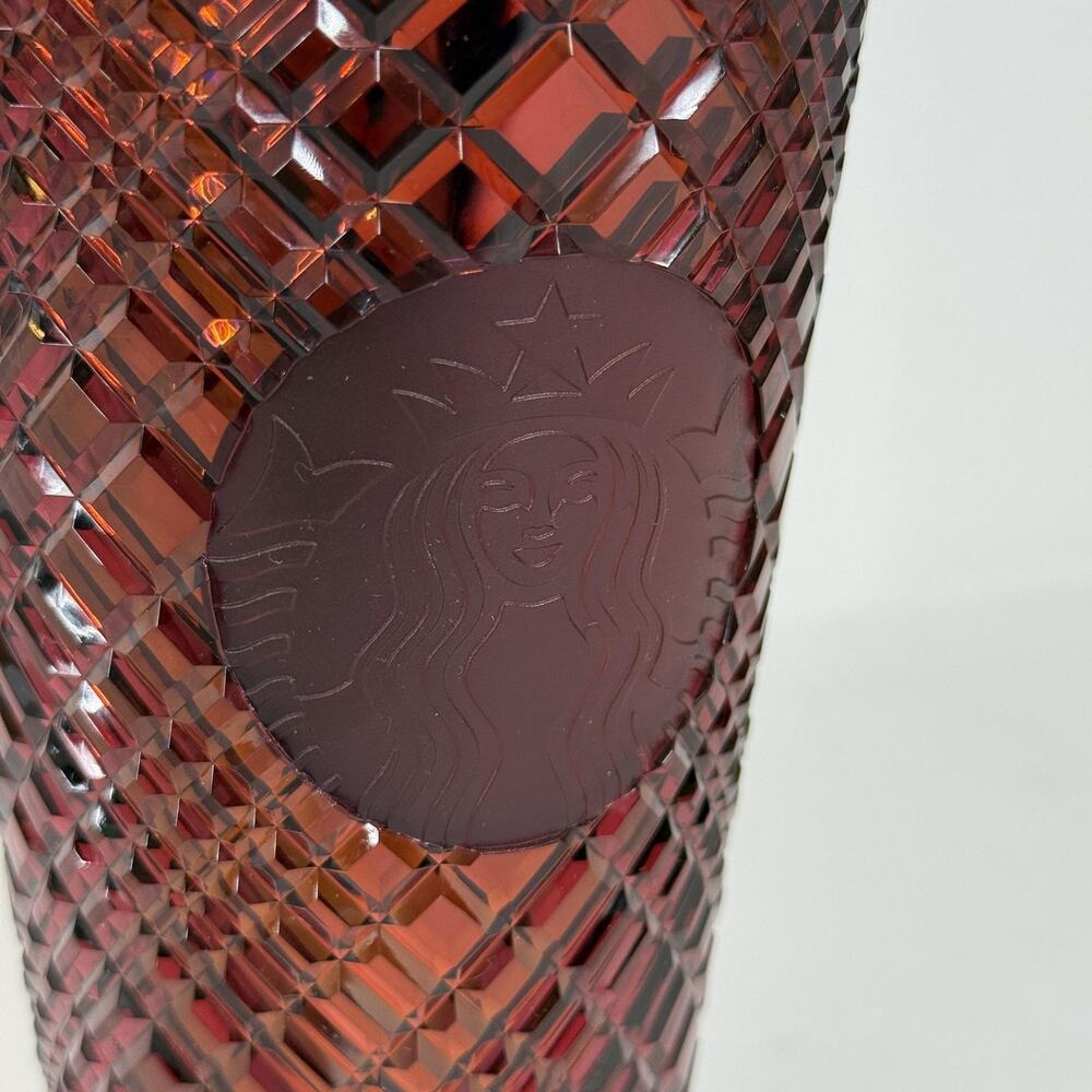 Starbucks Cold Cup Tumbler 16oz Faceted Diamond Red Reusable with Lid Straw NEW